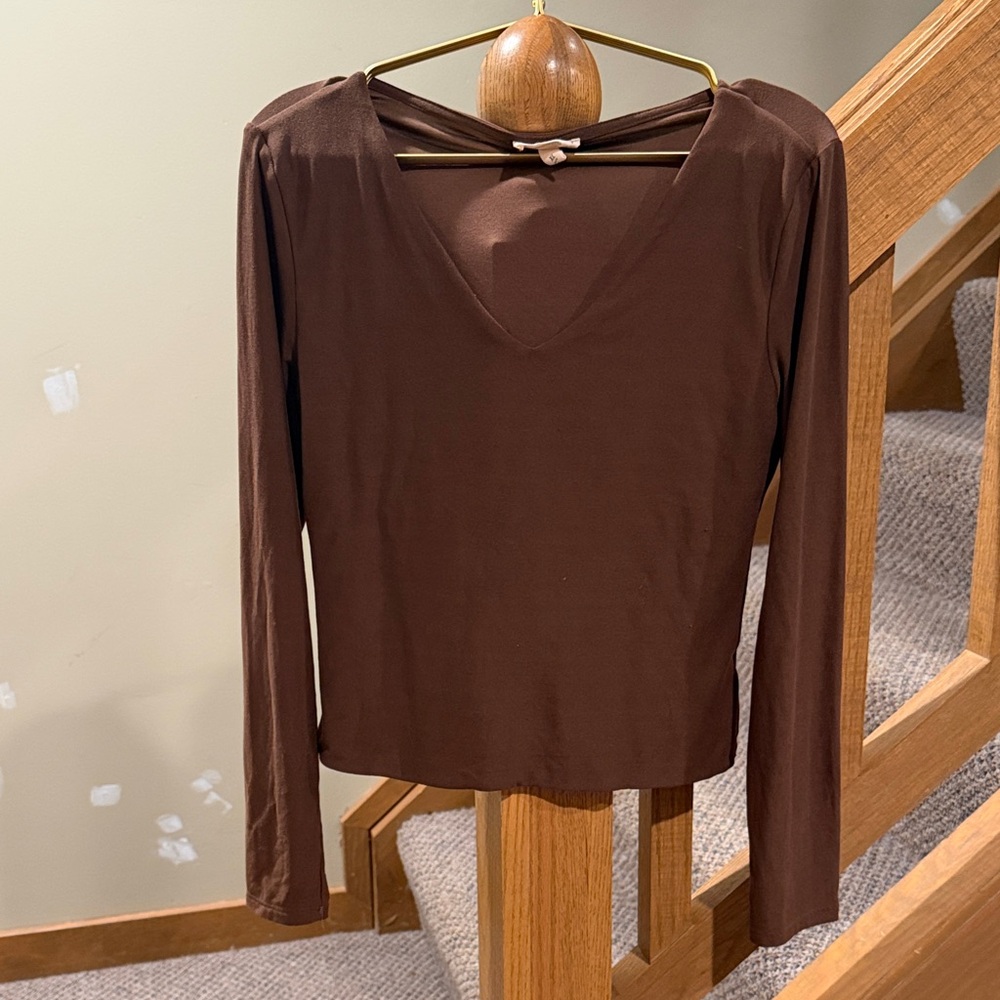 Chocolate Brown V-Neck Long Sleeve Top
